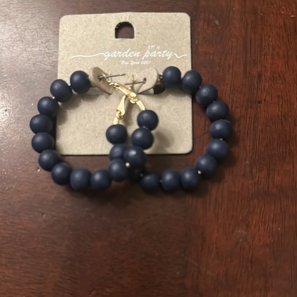 Navy Beaded Hoop Earrings
